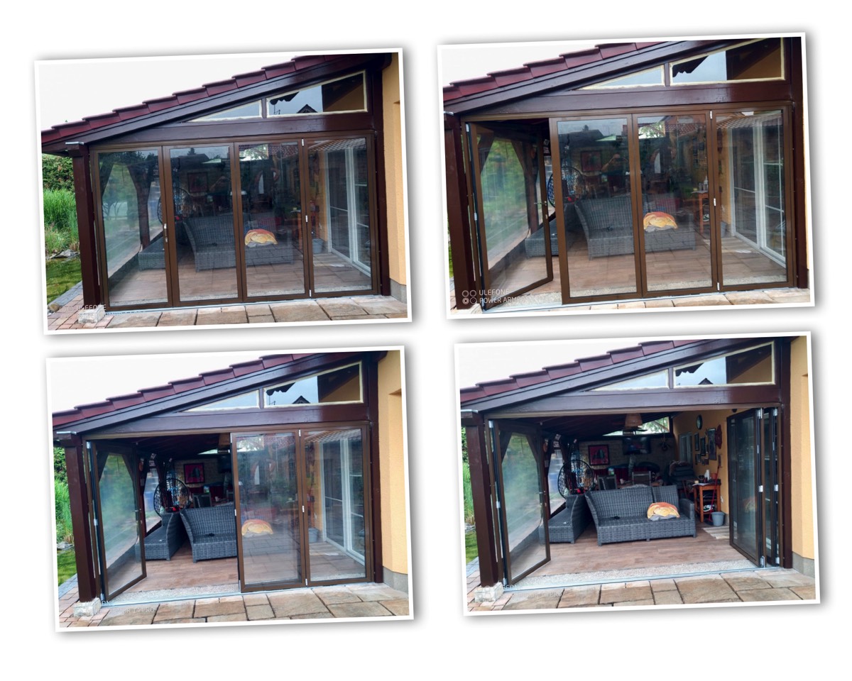 Sunflex Falt-Schiebe-Anlage / Glas-Faltwand SF45 in RAL8014 Sepiabraun für unbeheizte Räume/Überdachungen